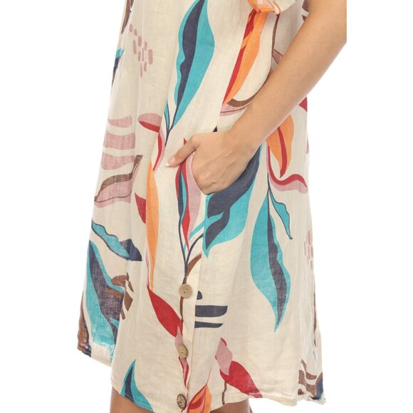 Beige Leaf Print Side Button Dress - Picture 7 of 7